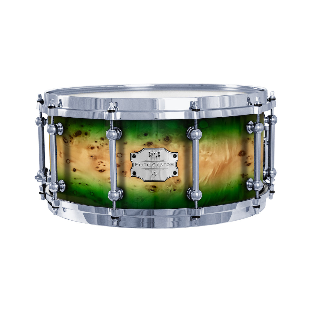 Chaos Elite Custom 14x6.5 Snare Drum American Maple Re-Ring & Mappa Burl - Green Natural Burst