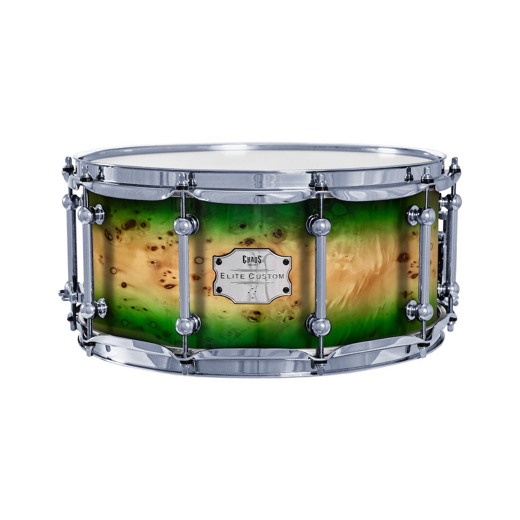 Chaos Elite Custom 14x6.5 Snare Drum American Maple Re-Ring & Mappa Burl - Green Natural Burst