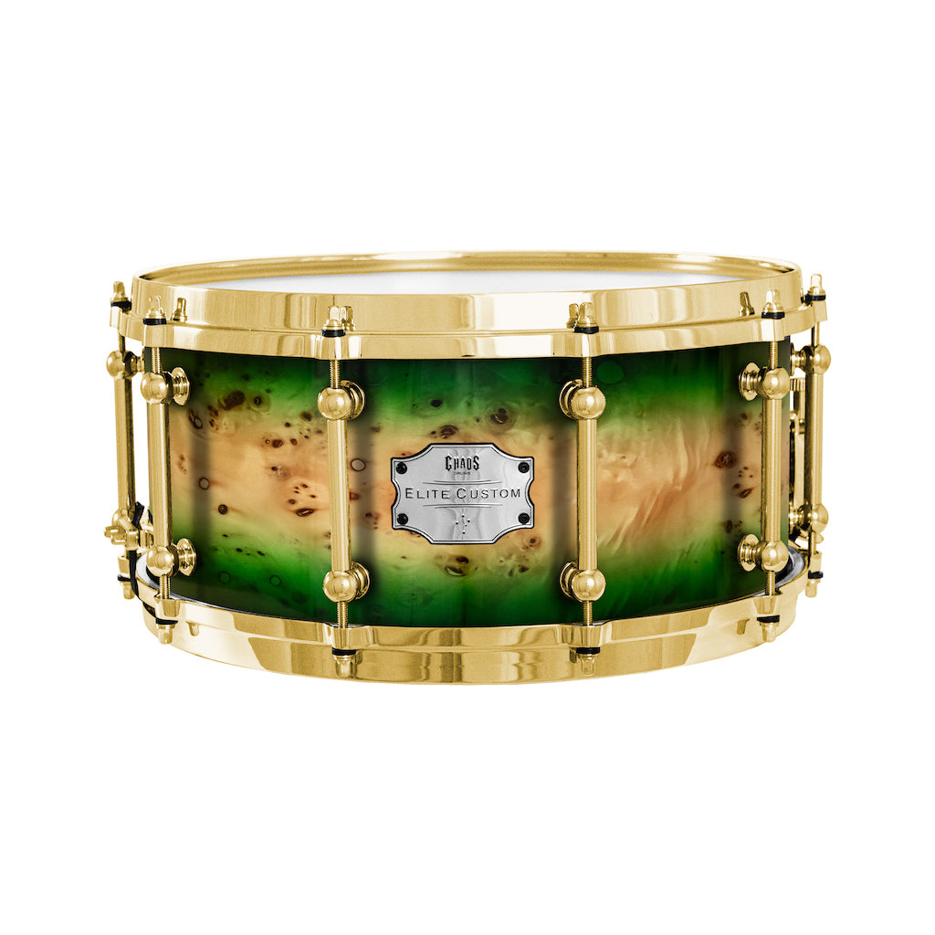 Chaos Elite Custom 14x6.5 Snare Drum American Maple Re-Ring & Mappa Burl - Green Natural Burst