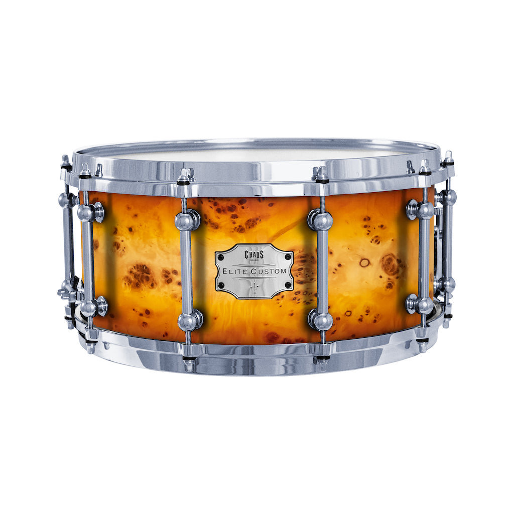 Chaos Elite Custom 13x6.5 Snare Drum American Maple Re-Ring & Mappa Burl - Orange Natural Burst