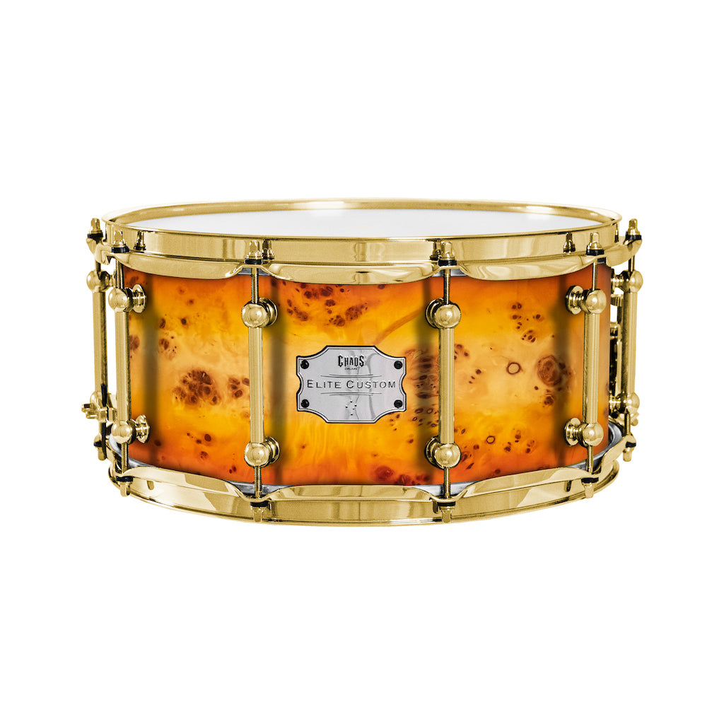 Chaos Elite Custom 13x6.5 Snare Drum American Maple Re-Ring & Mappa Burl - Orange Natural Burst