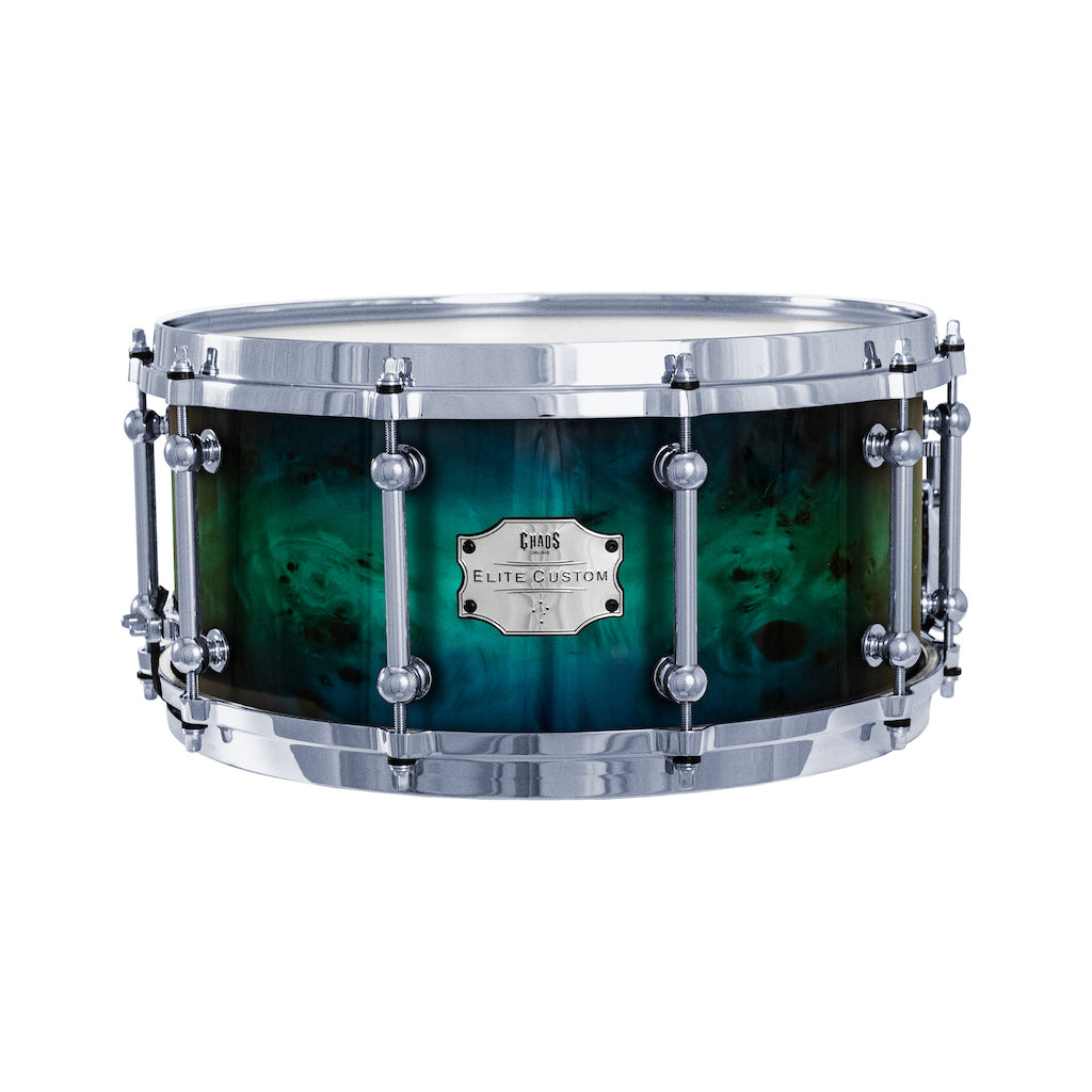 Chaos Elite Custom 14x6.5 Snare Drum American Maple Re-Ring & Mappa Burl - Blue Green Fade