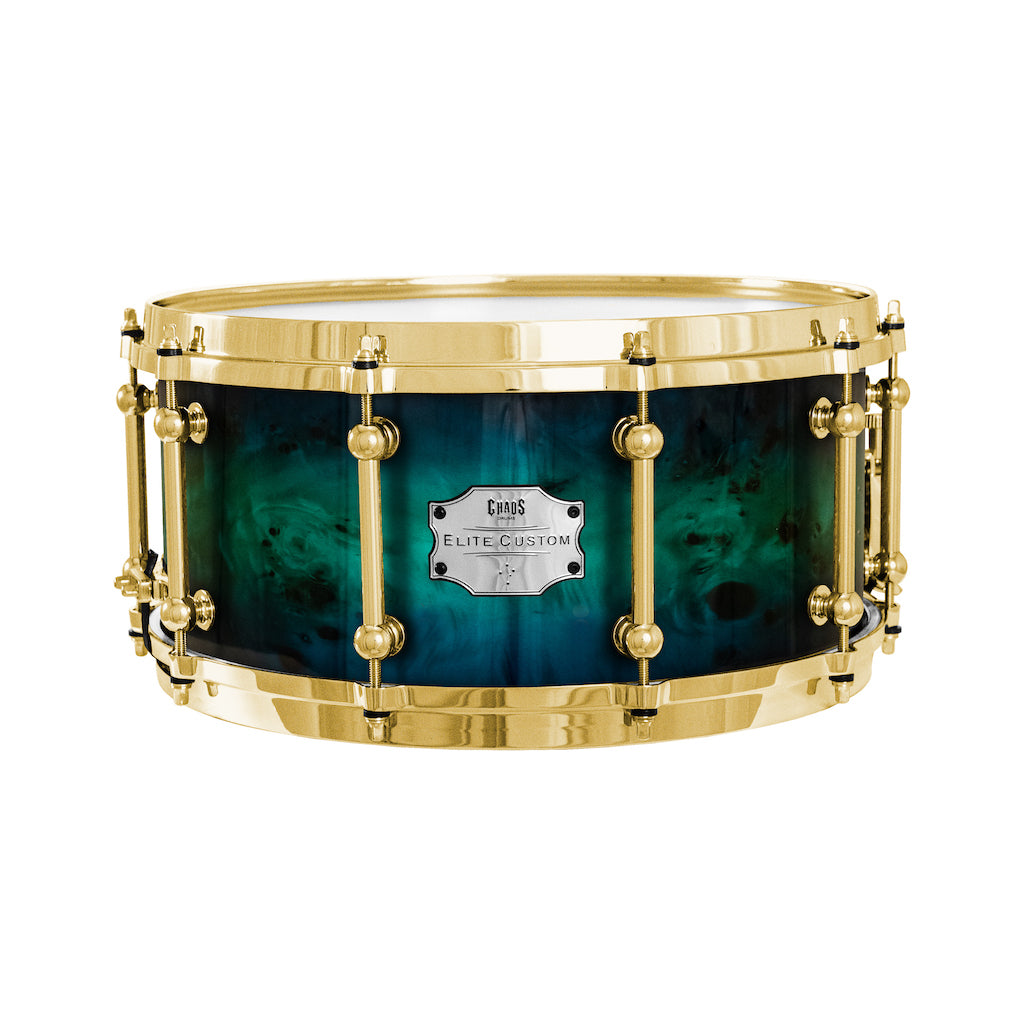 Chaos Elite Custom 14x6.5 Snare Drum American Maple Re-Ring & Mappa Burl - Blue Green Fade