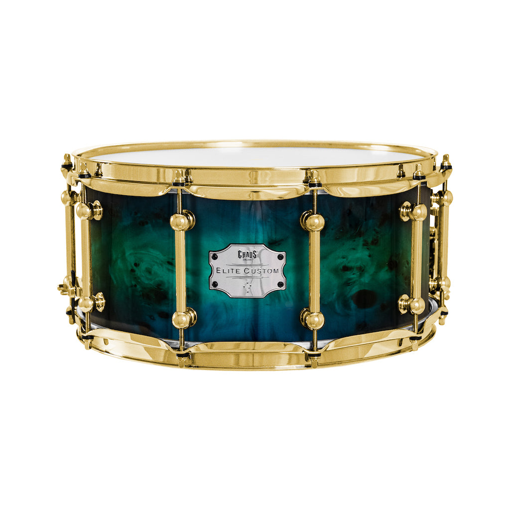 Chaos Elite Custom 14x6.5 Snare Drum American Maple Re-Ring & Mappa Burl - Blue Green Fade