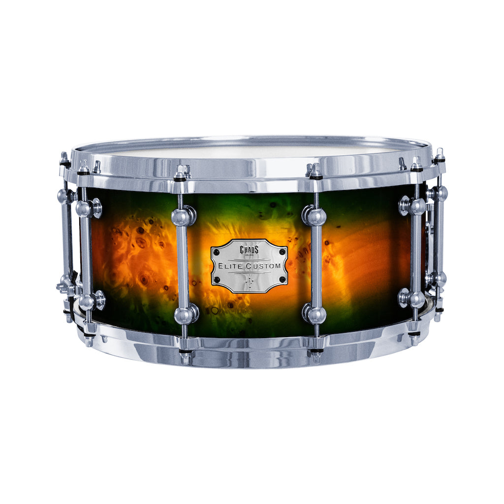 Chaos Elite Custom 14x6.5 Snare Drum American Maple Re-Ring & Mappa Burl - Green Orange Burst