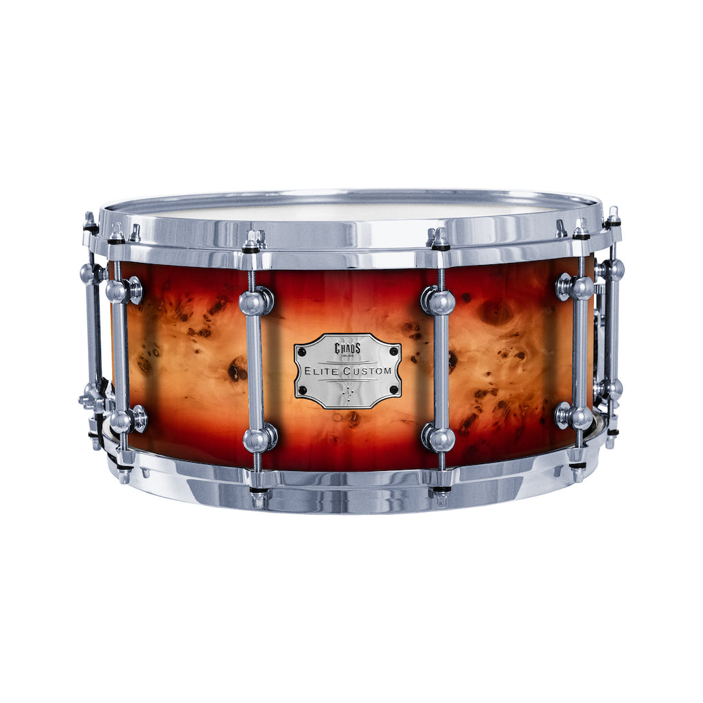 Chaos Elite Custom 14x6.5 Snare Drum American Maple Re-Ring & Mappa Burl - Red Natural Burst