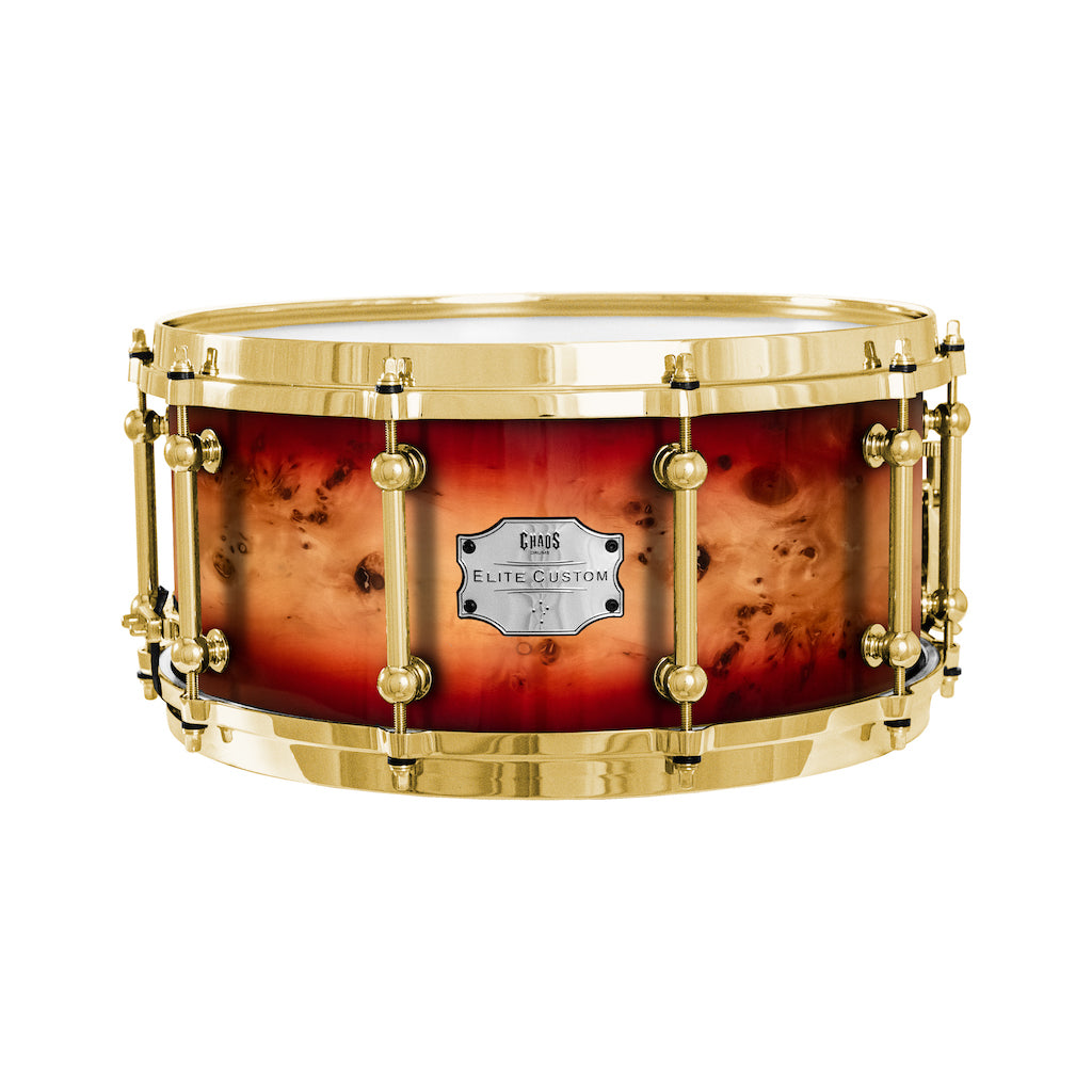 Chaos Elite Custom 14x6.5 Snare Drum American Maple Re-Ring & Mappa Burl - Red Natural Burst