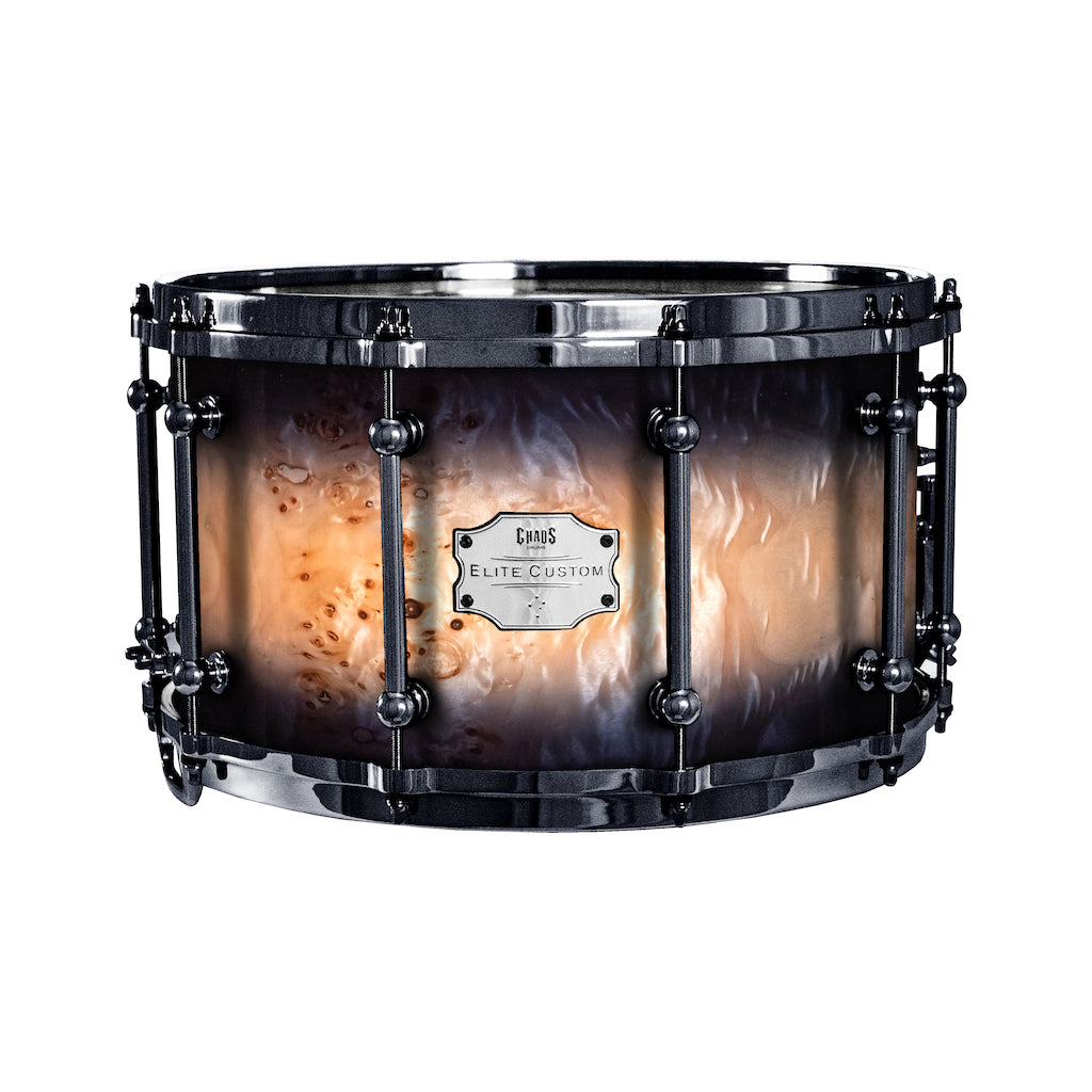 Chaos Elite Custom 14x8 Snare Drum American Maple Re-Ring & Mappa Burl - Black Natural Burst