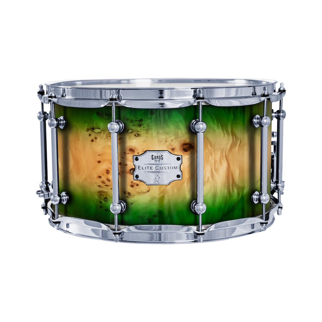 Chaos Elite Custom 14x8 Snare Drum American Maple Re-Ring & Mappa Burl - Green Natural Burst