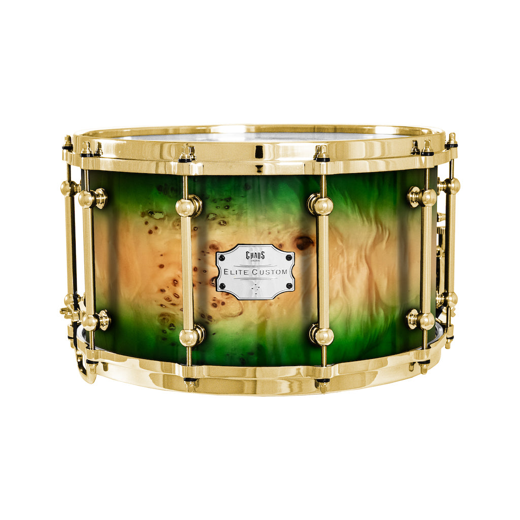 Chaos Elite Custom 14x8 Snare Drum American Maple Re-Ring & Mappa Burl - Green Natural Burst