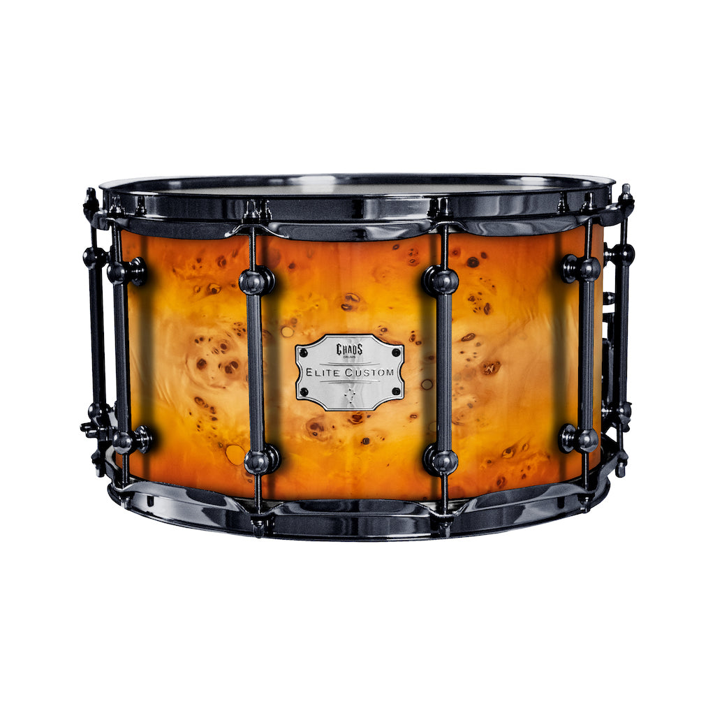Chaos Elite Custom 14x8 Snare Drum American Maple Re-Ring & Mappa Burl - Orange Natural Burst