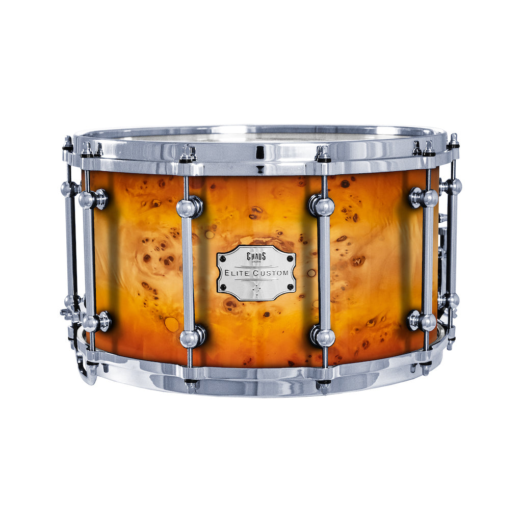 Chaos Elite Custom 14x8 Snare Drum American Maple Re-Ring & Mappa Burl - Orange Natural Burst