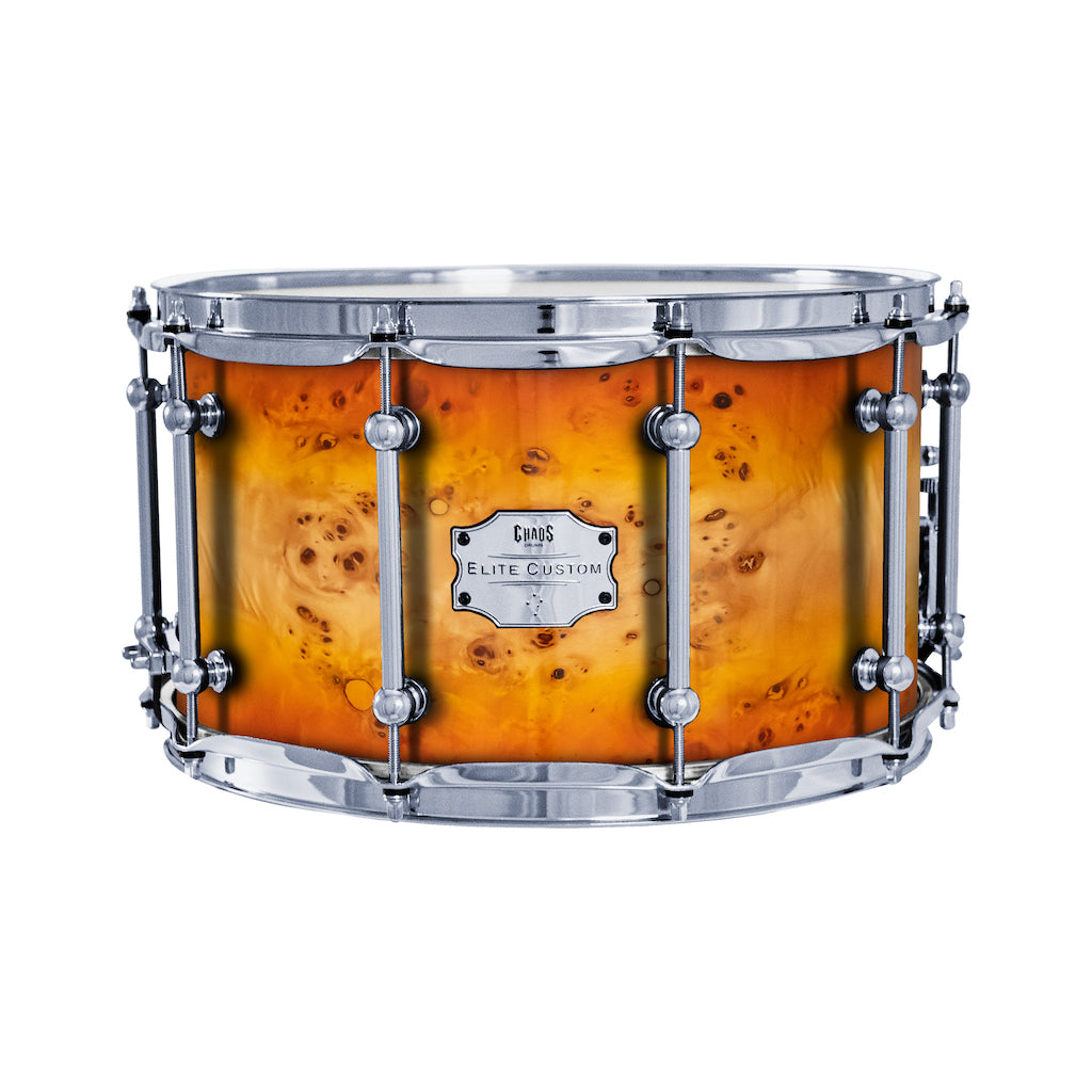 Chaos Elite Custom 14x8 Snare Drum American Maple Re-Ring & Mappa Burl - Orange Natural Burst