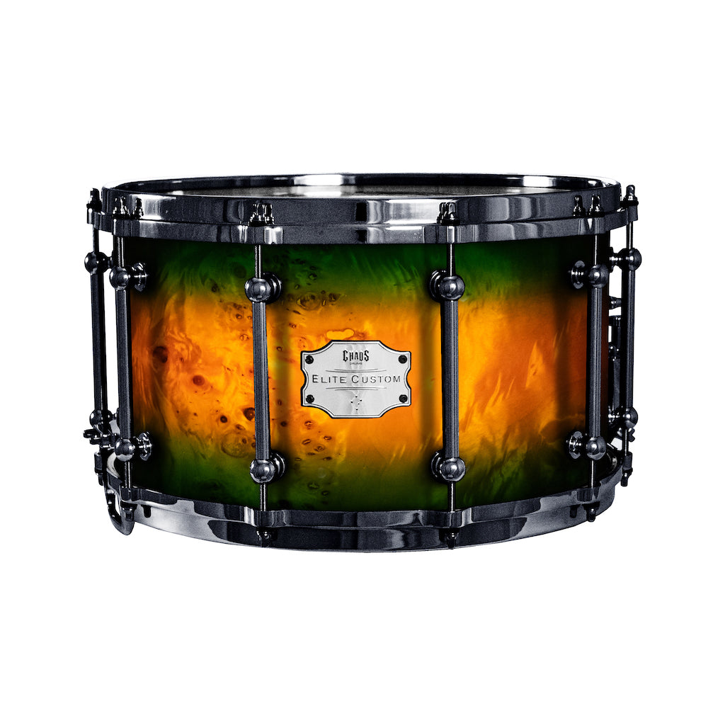 Chaos Elite Custom 14x8 Snare Drum American Maple Re-Ring & Mappa Burl - Green Orange Burst