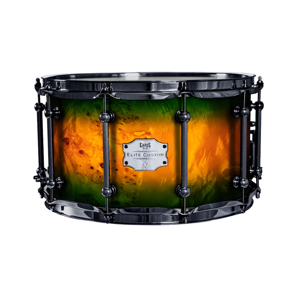 Chaos Elite Custom 14x8 Snare Drum American Maple Re-Ring & Mappa Burl - Green Orange Burst