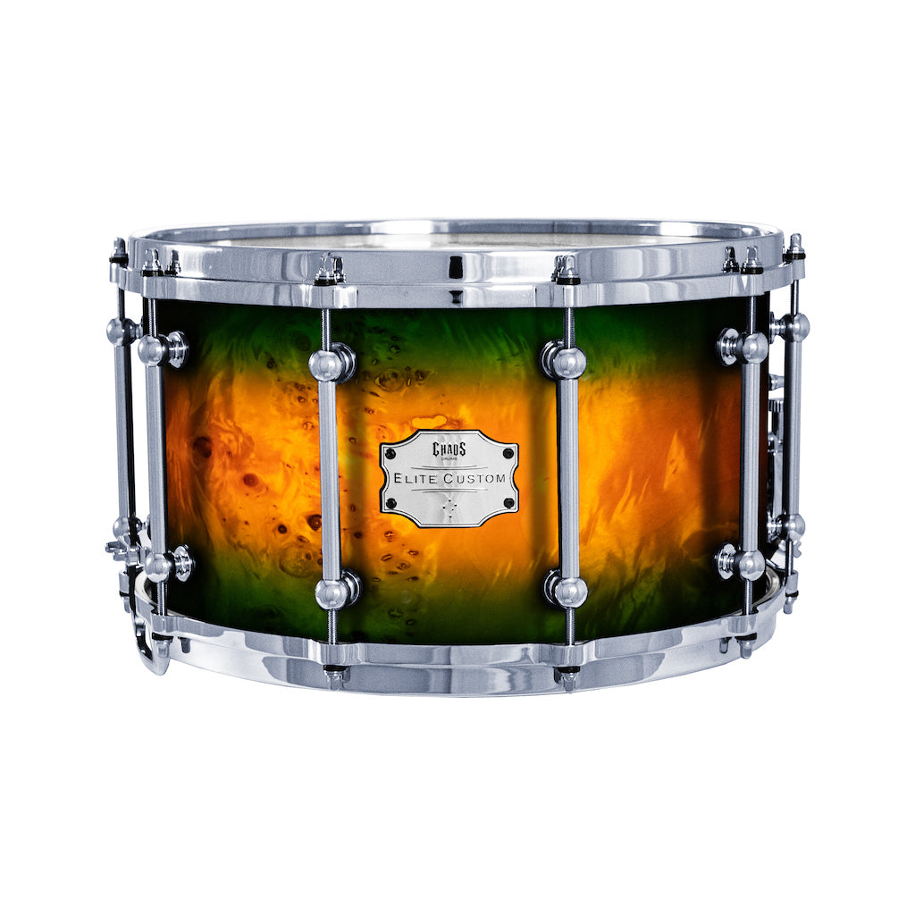 Chaos Elite Custom 14x8 Snare Drum American Maple Re-Ring & Mappa Burl - Green Orange Burst
