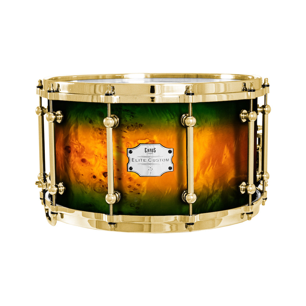 Chaos Elite Custom 14x8 Snare Drum American Maple Re-Ring & Mappa Burl - Green Orange Burst