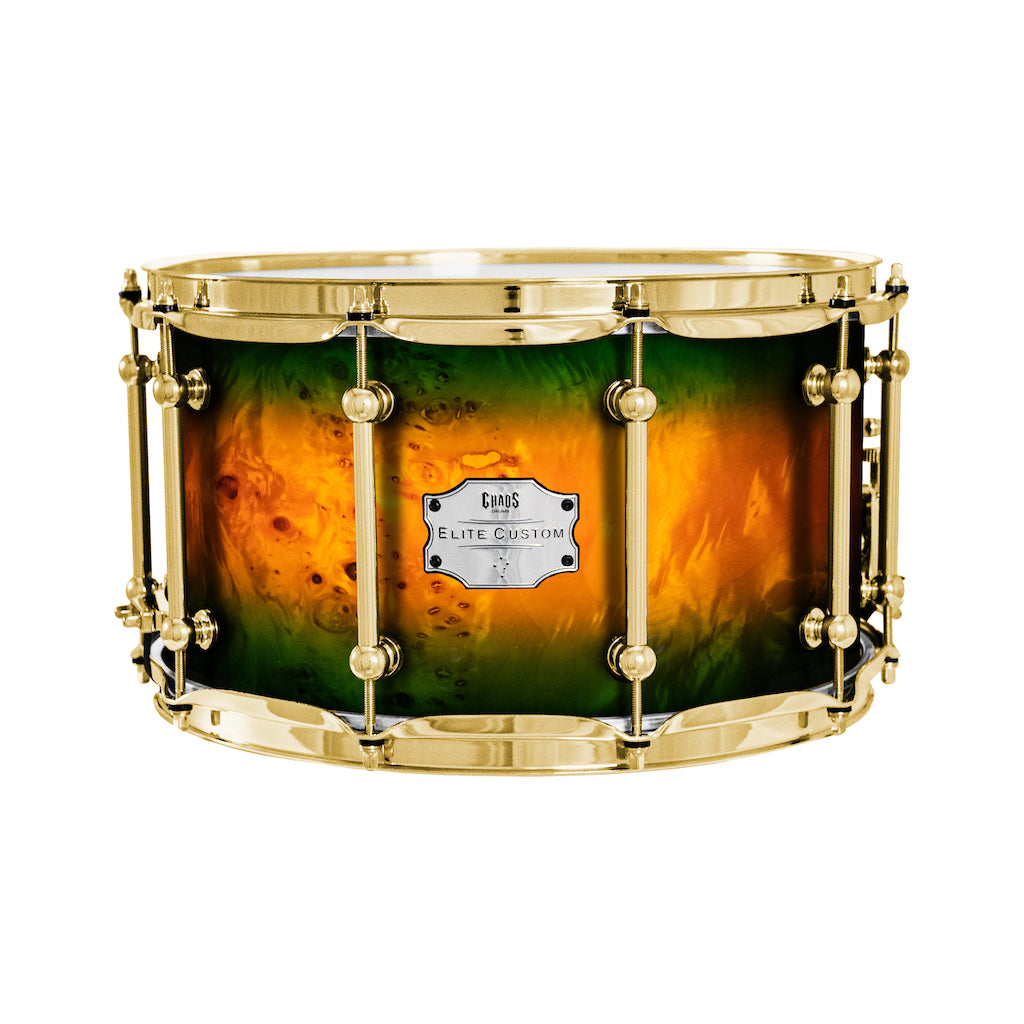 Chaos Elite Custom 14x8 Snare Drum American Maple Re-Ring & Mappa Burl - Green Orange Burst