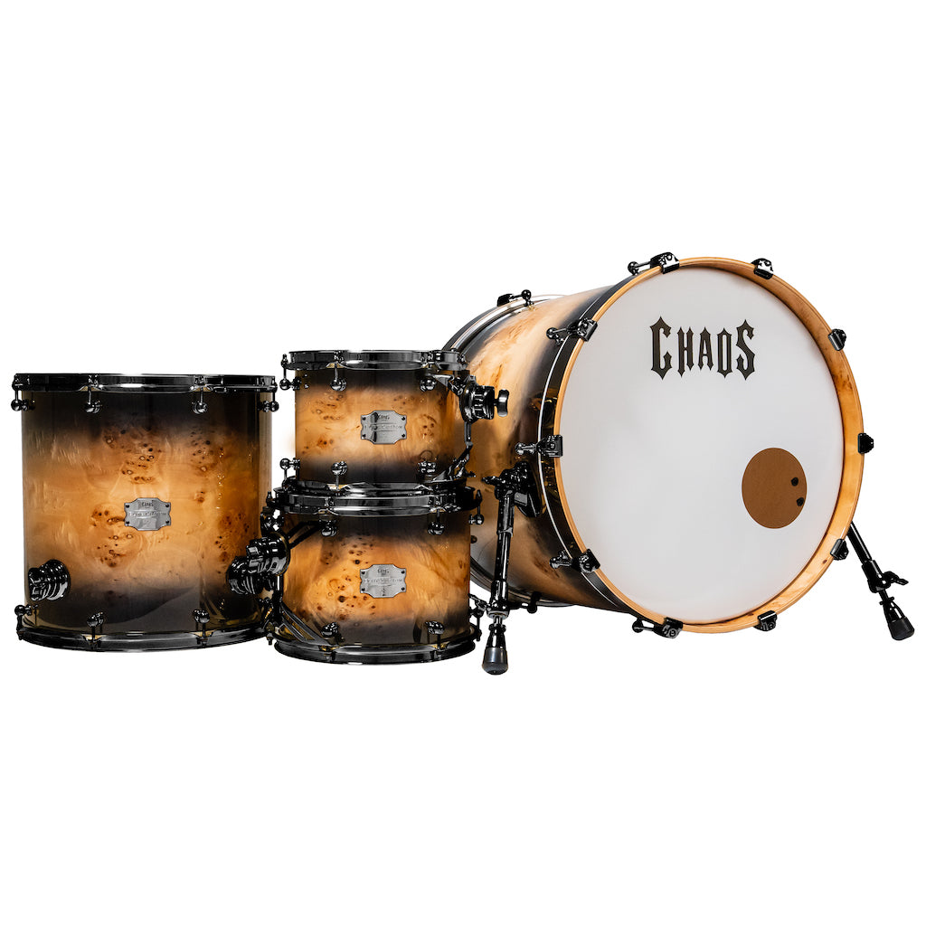 Chaos Elite Custom Drum Kit Maple & Mappa Burl Re-Rings - Black Natural Burst