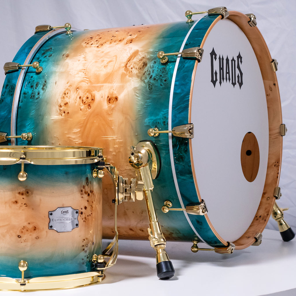 Chaos Elite Custom Drum Kit Maple & Mappa Burl Re-Rings - Blue Natural Burst