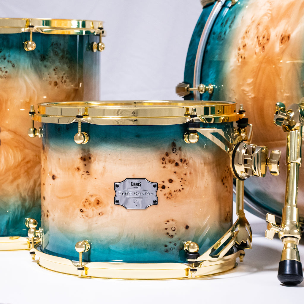 Chaos Elite Custom Drum Kit Maple & Mappa Burl Re-Rings - Blue Natural Burst
