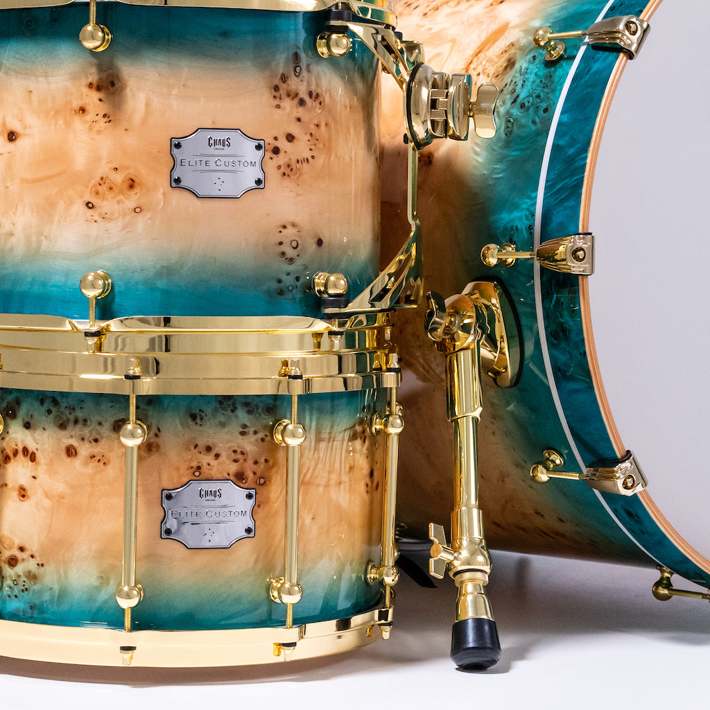 Chaos Elite Custom Drum Kit Maple & Mappa Burl Re-Rings - Blue Natural Burst