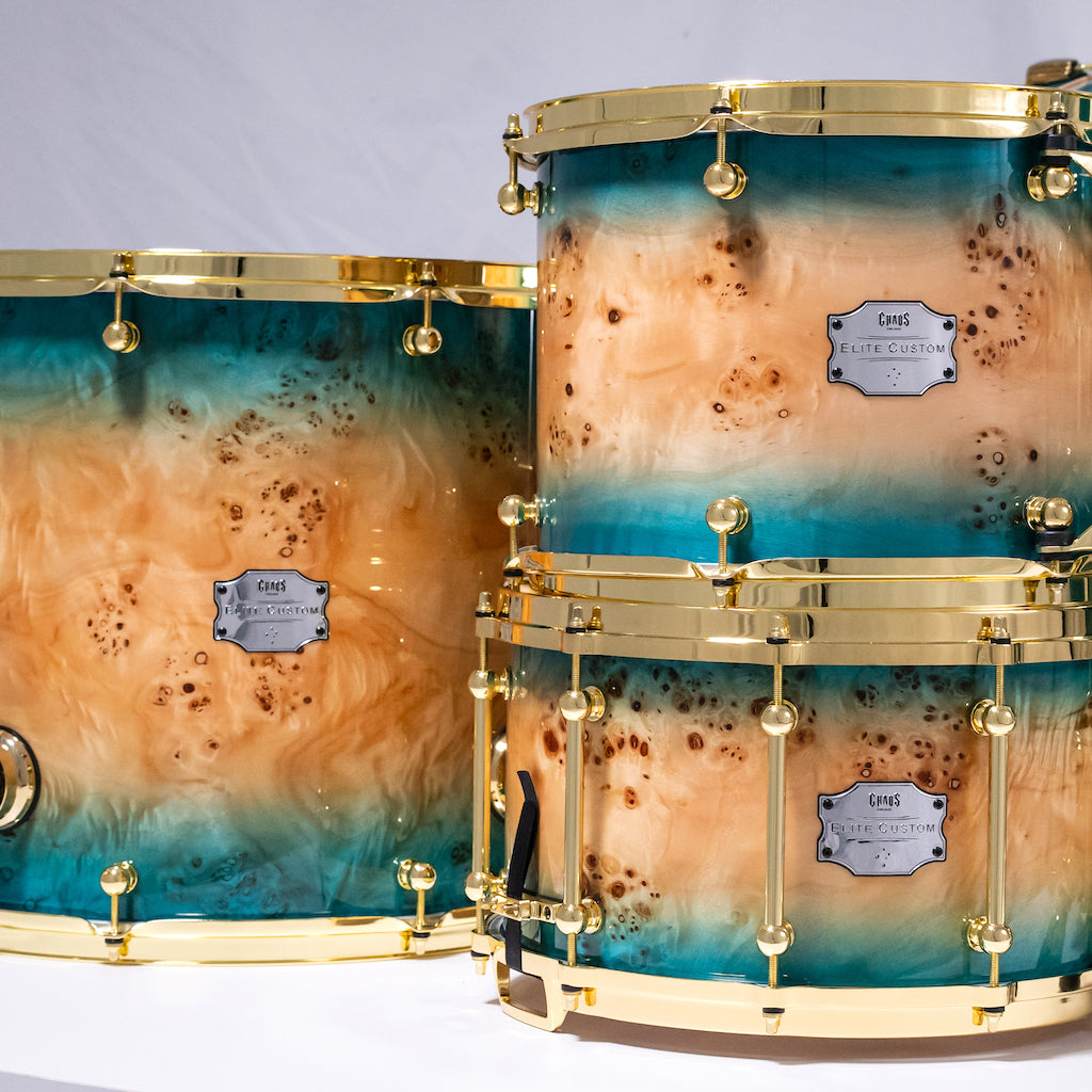 Chaos Elite Custom Drum Kit Maple & Mappa Burl Re-Rings - Blue Natural Burst