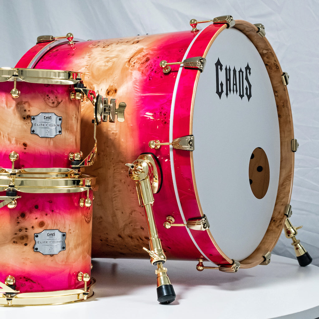 Chaos Elite Custom Drum Kit Maple & Mappa Burl Re-Rings - Pink Natural Burst