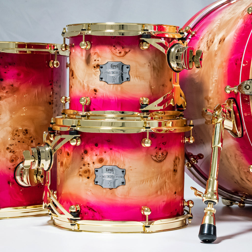 Chaos Elite Custom Drum Kit Maple & Mappa Burl Re-Rings - Pink Natural Burst