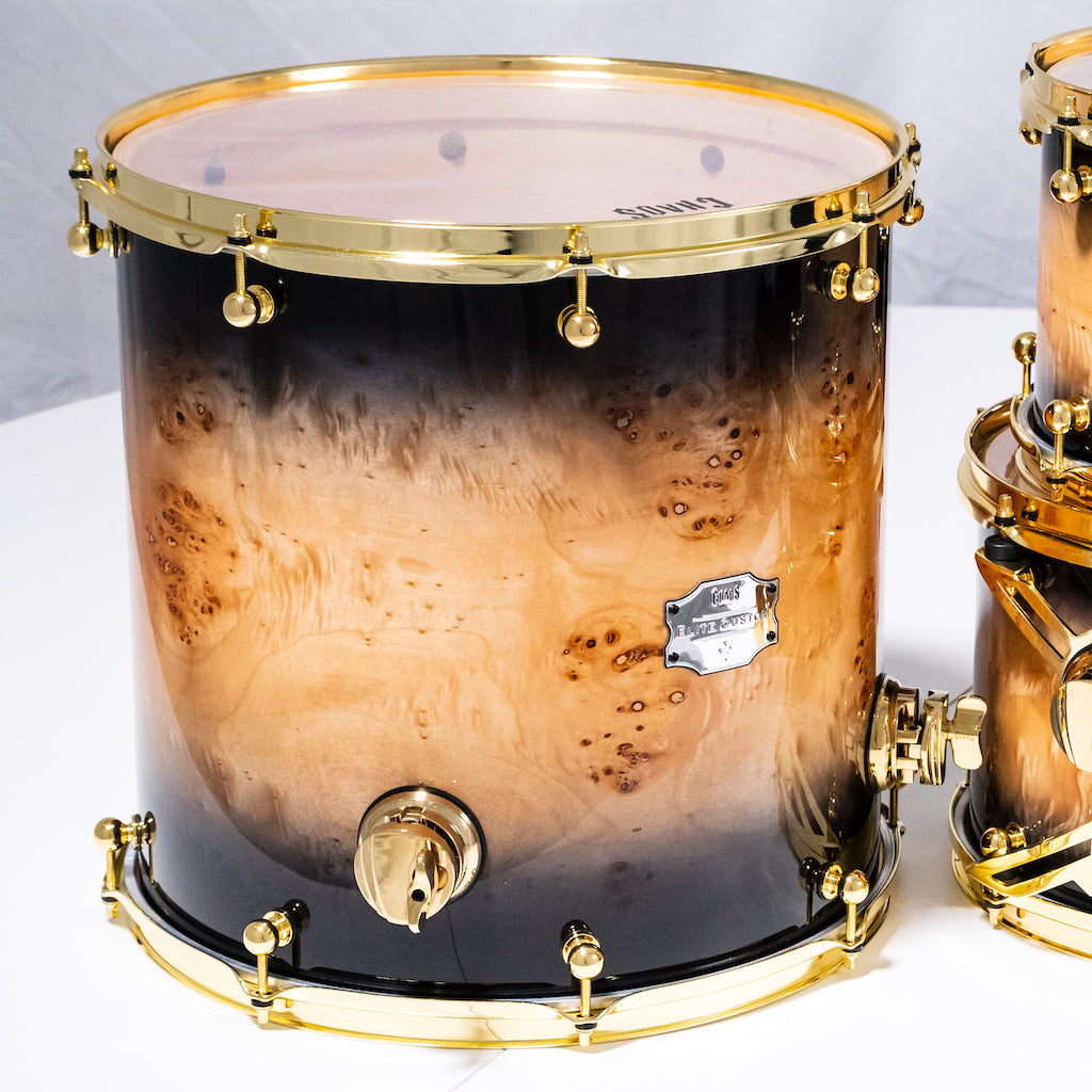 Chaos Elite Custom Drum Kit Maple & Mappa Burl Re-Rings - Black Natural Burst