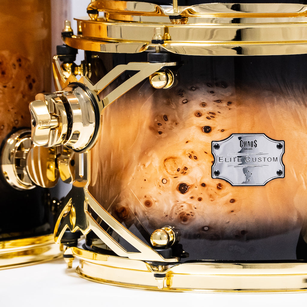 Chaos Elite Custom Drum Kit Maple & Mappa Burl Re-Rings - Black Natural Burst