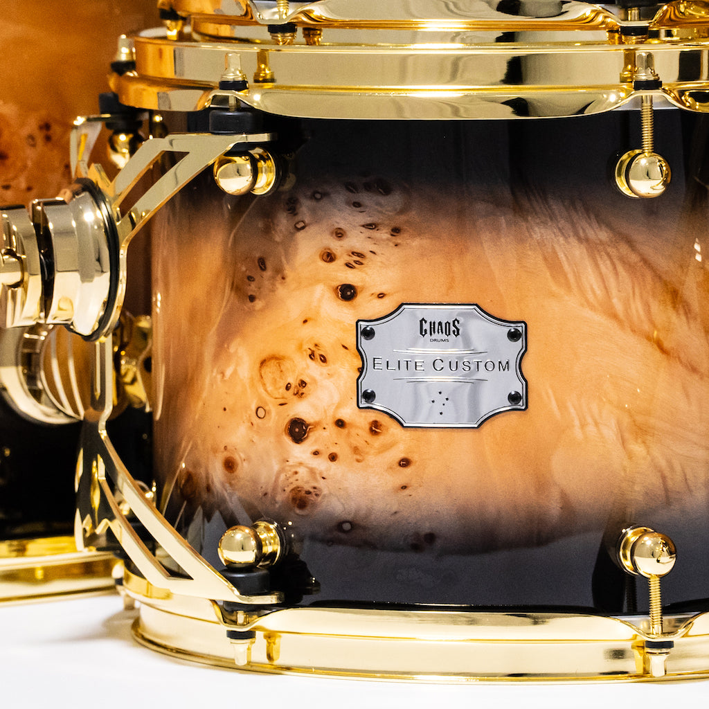 Chaos Elite Custom Drum Kit Maple & Mappa Burl Re-Rings - Black Natural Burst