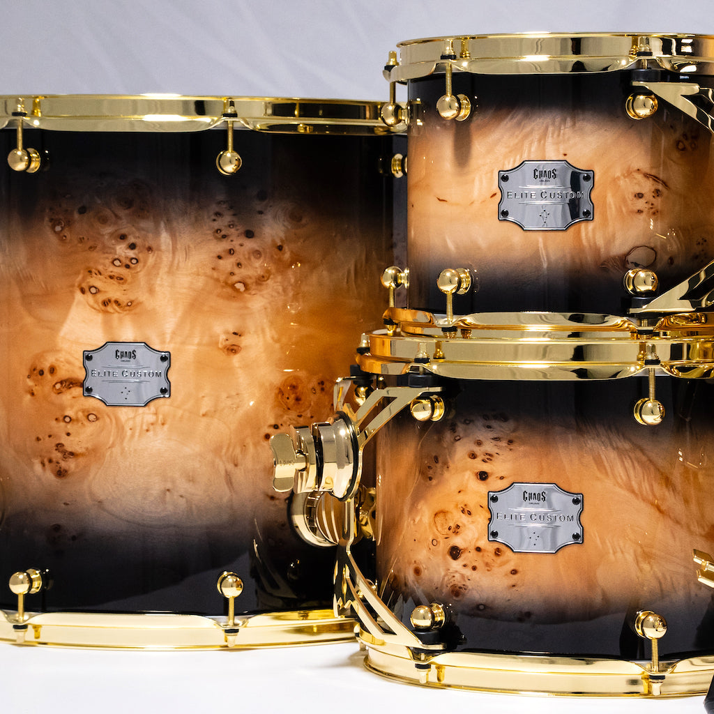 Chaos Elite Custom Drum Kit Maple & Mappa Burl Re-Rings - Black Natural Burst