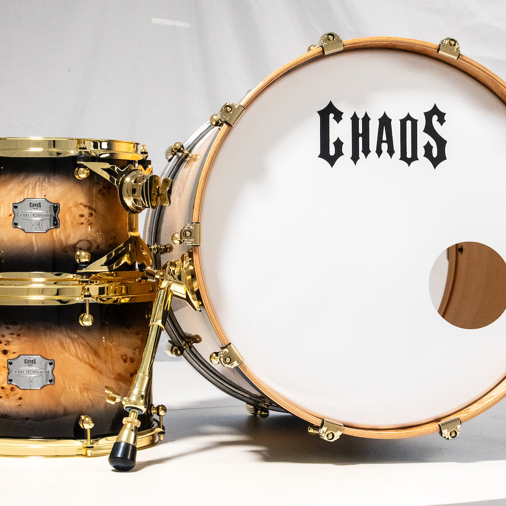 Chaos Elite Custom Drum Kit Maple & Mappa Burl Re-Rings - Black Natural Burst