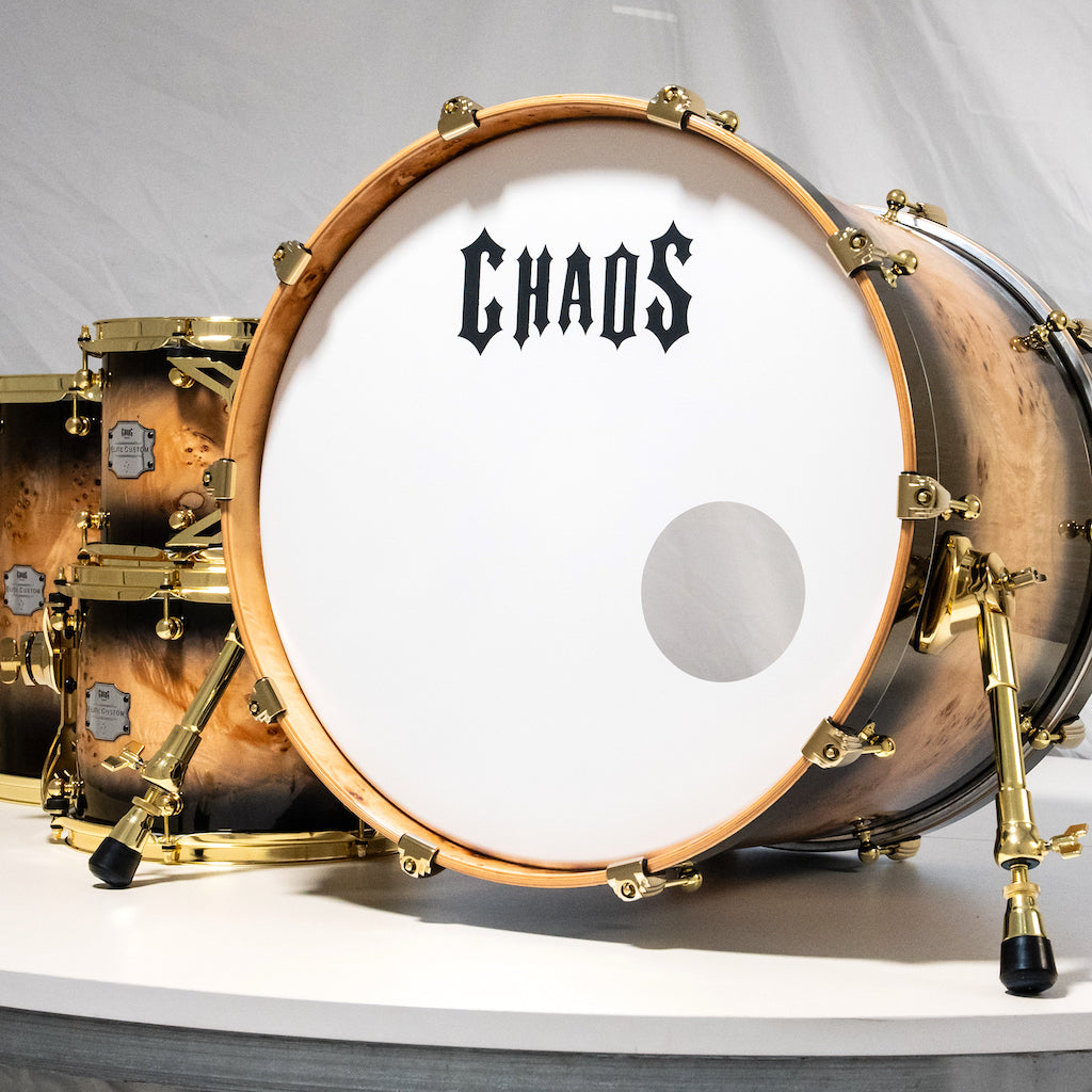 Chaos Elite Custom Drum Kit Maple & Mappa Burl Re-Rings - Black Natural Burst