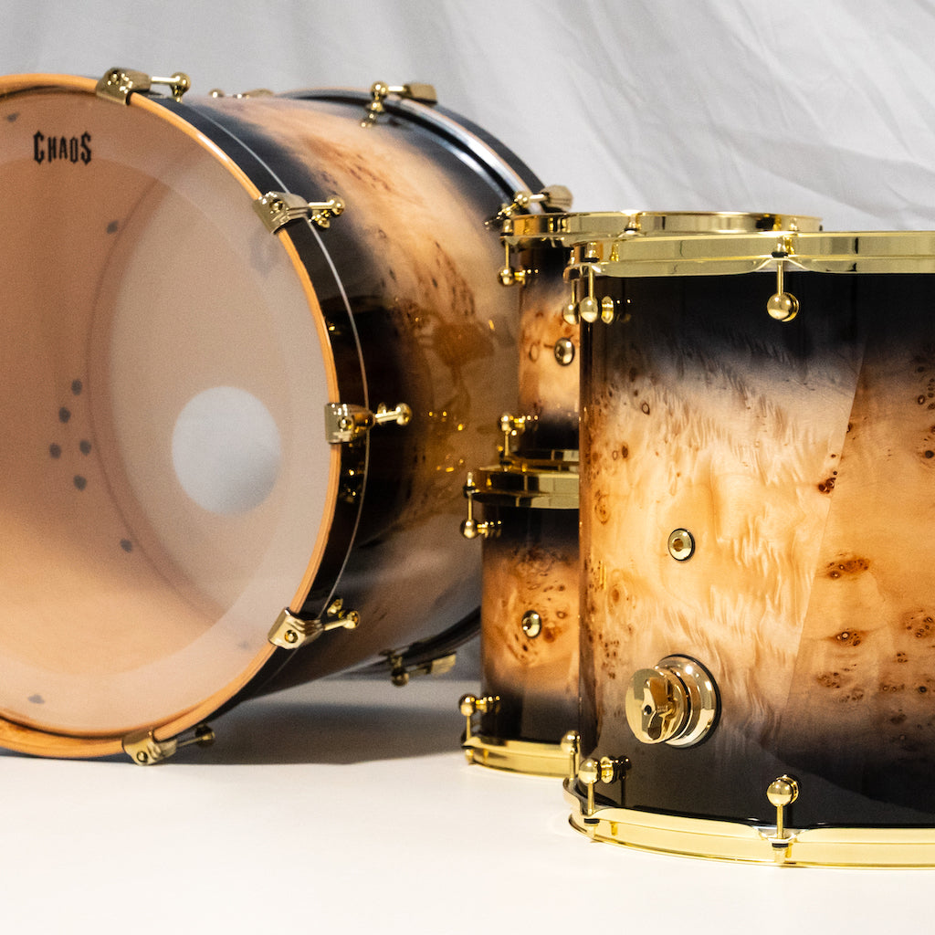 Chaos Elite Custom Drum Kit Maple & Mappa Burl Re-Rings - Black Natural Burst