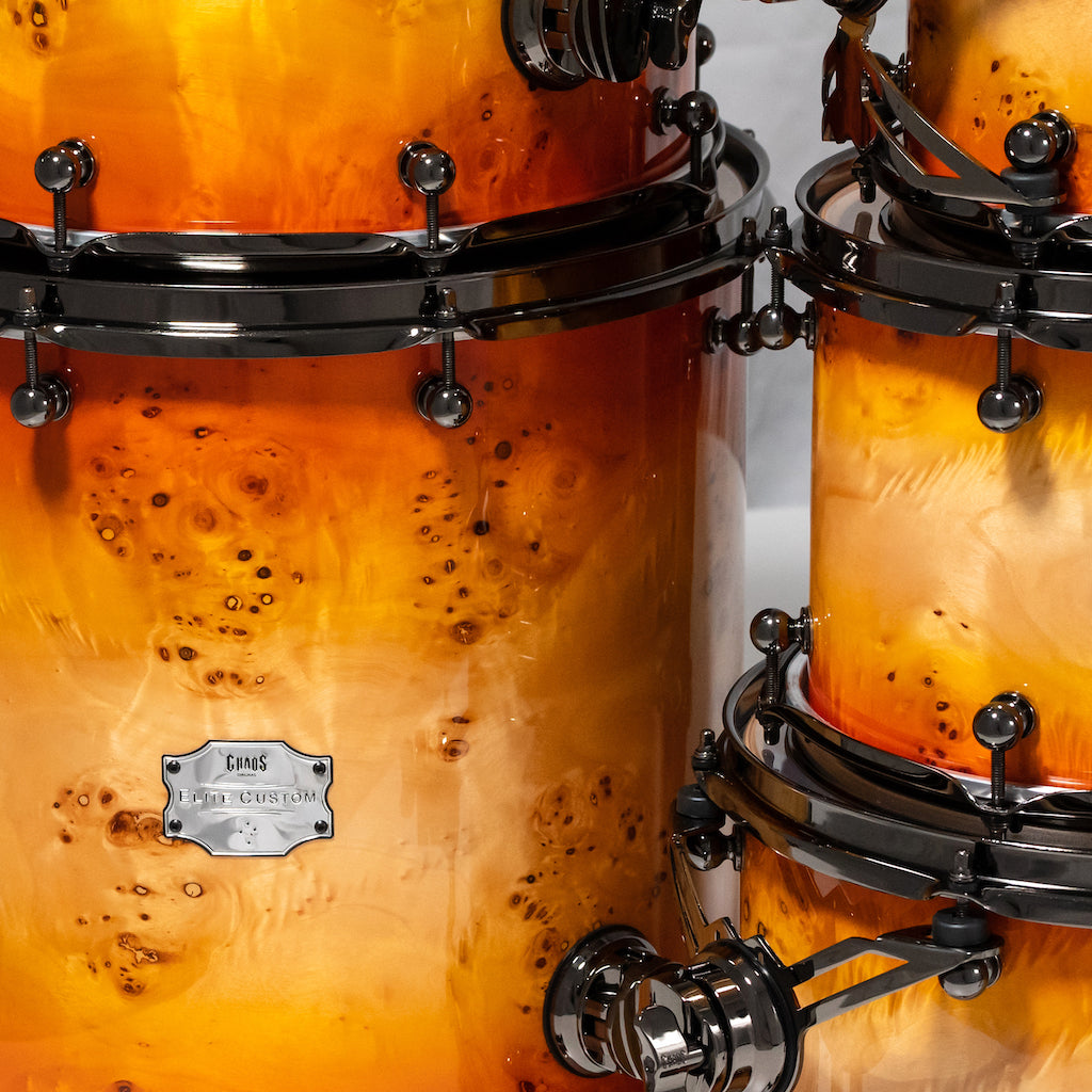 Chaos Elite Custom Drum Kit Maple & Mappa Burl Re-Rings - Orange Natural Burst