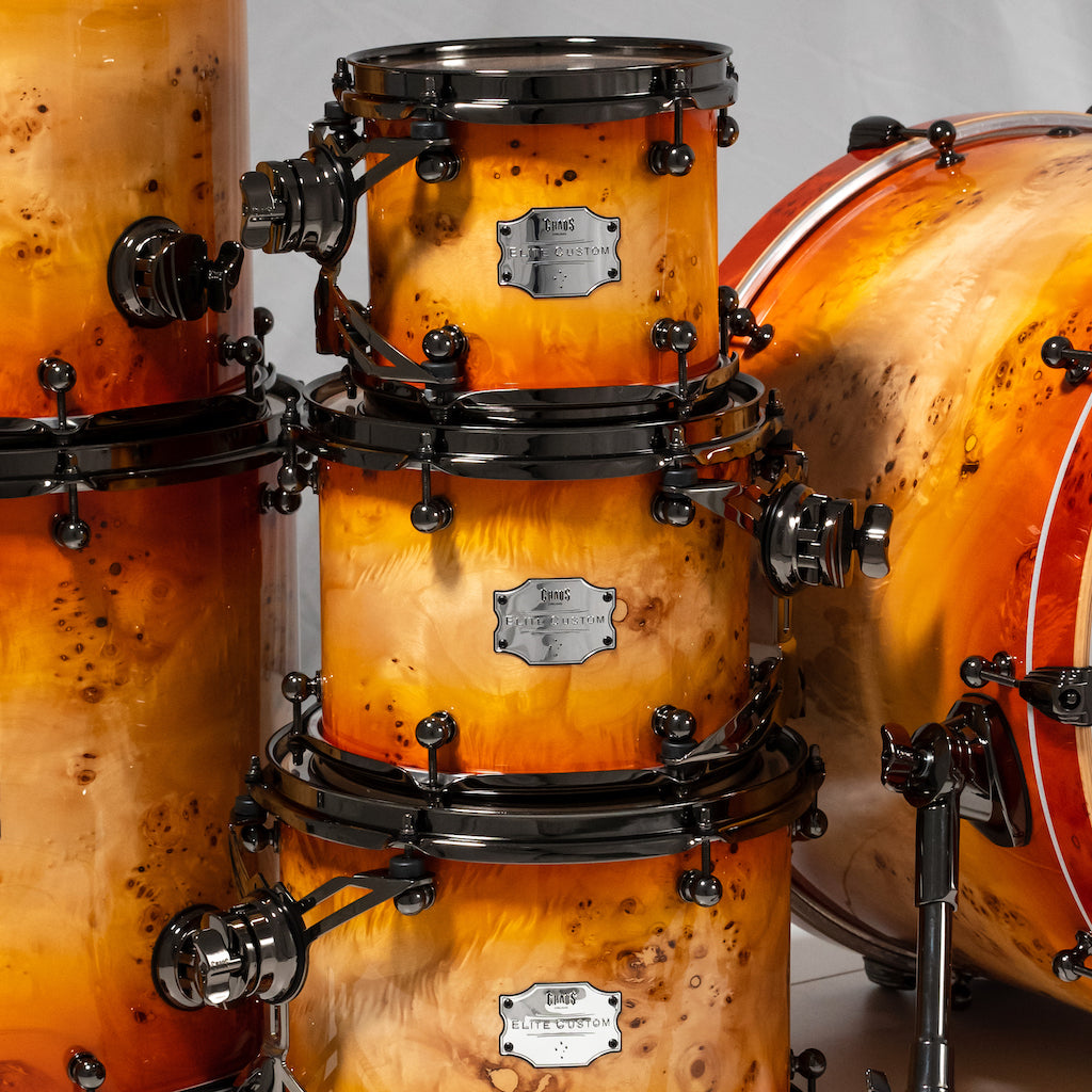 Chaos Elite Custom Drum Kit Maple & Mappa Burl Re-Rings - Orange Natural Burst
