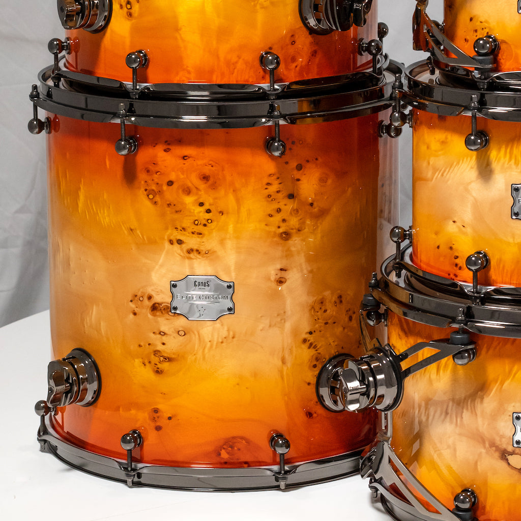 Chaos Elite Custom Drum Kit Maple & Mappa Burl Re-Rings - Orange Natural Burst