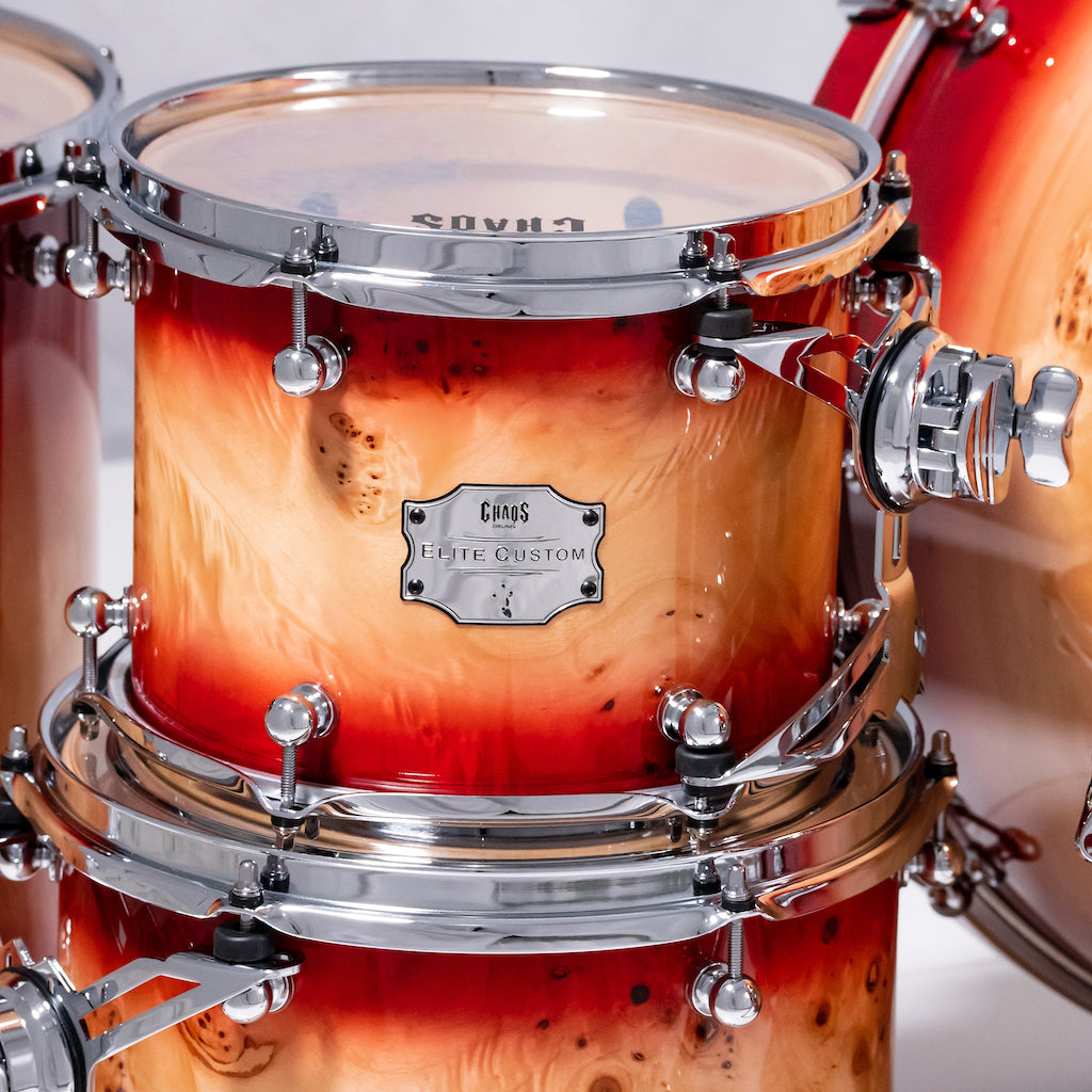 Chaos Elite Custom Drum Kit Maple & Mappa Burl Re-Rings - Red Natural Burst