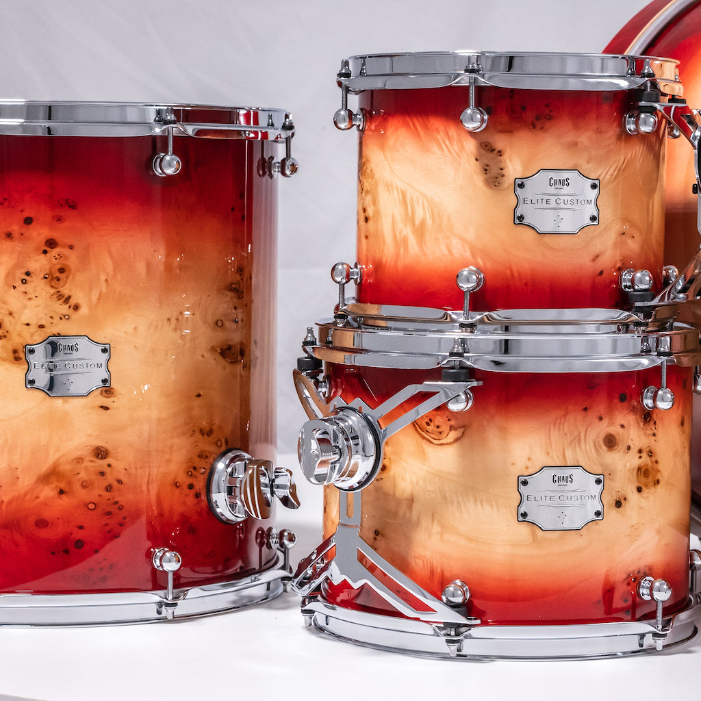 Chaos Elite Custom Drum Kit Maple & Mappa Burl Re-Rings - Red Natural Burst