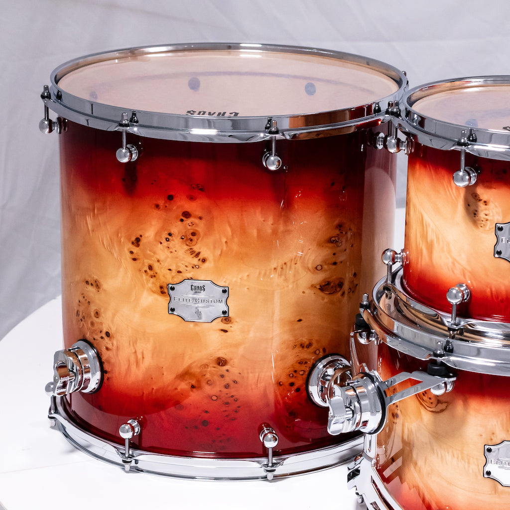 Chaos Elite Custom Drum Kit Maple & Mappa Burl Re-Rings - Red Natural Burst