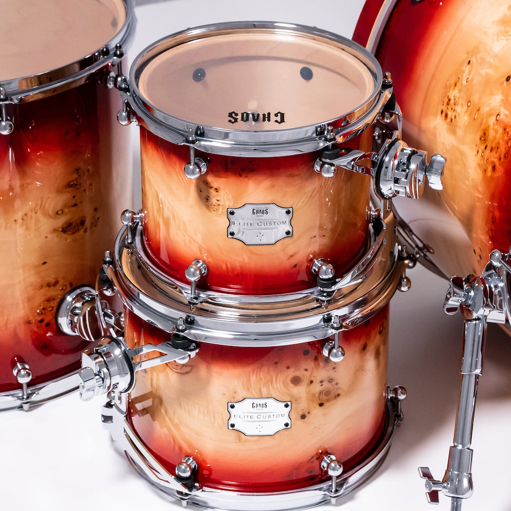 Chaos Elite Custom Drum Kit Maple & Mappa Burl Re-Rings - Red Natural Burst