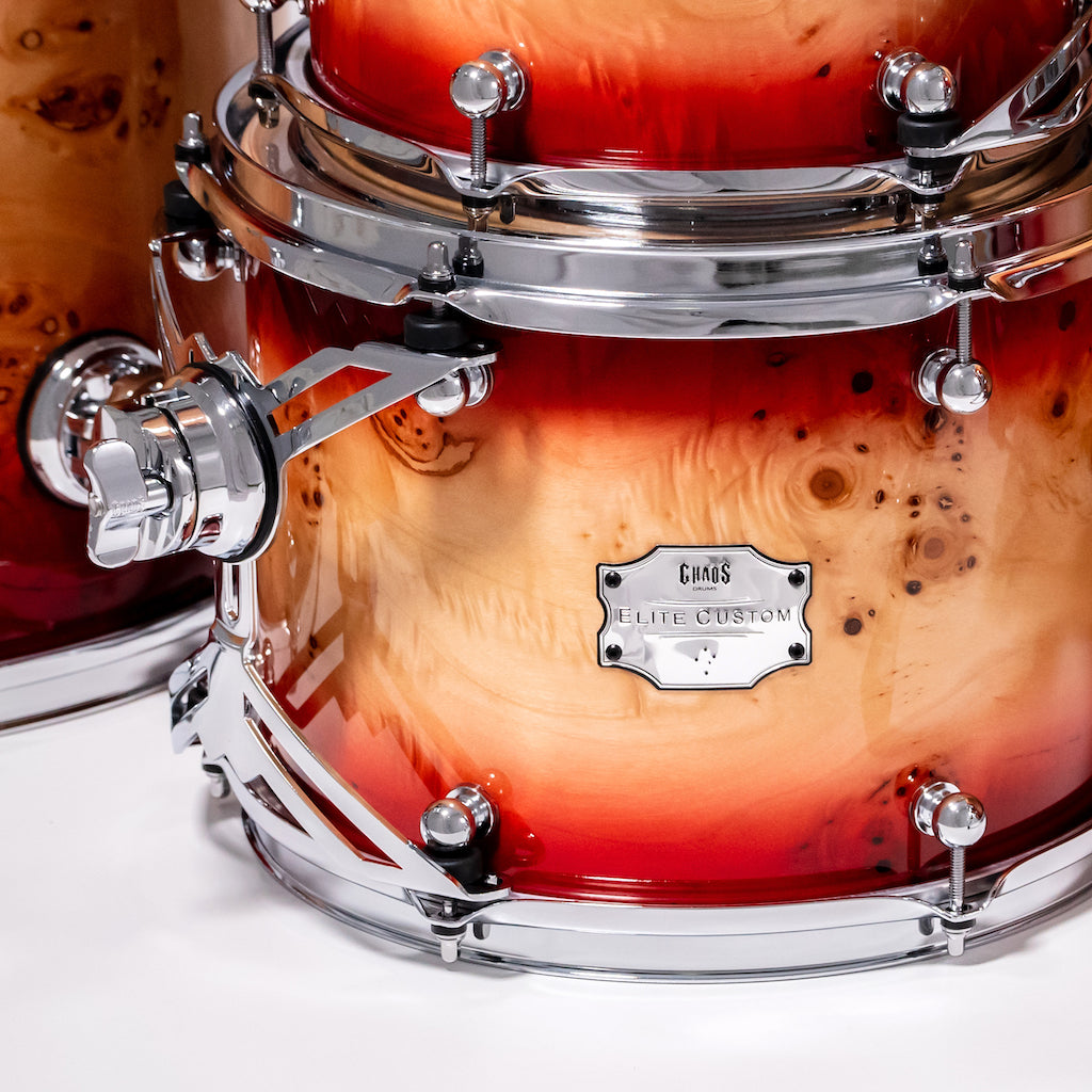 Chaos Elite Custom Drum Kit Maple & Mappa Burl Re-Rings - Red Natural Burst