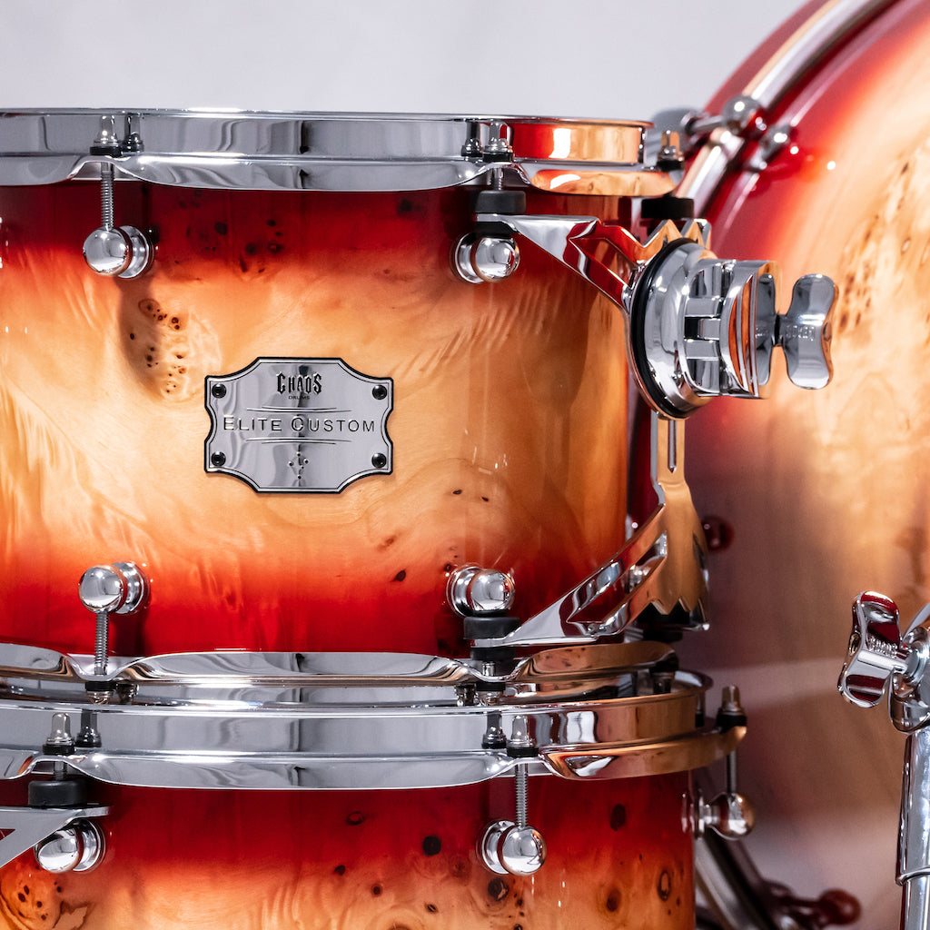 Chaos Elite Custom Drum Kit Maple & Mappa Burl Re-Rings - Red Natural Burst