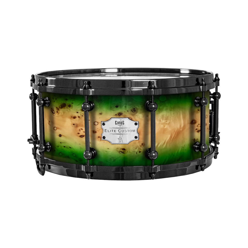 Chaos Elite Custom 14x6.5 Snare Drum American Maple Re-Ring & Mappa Burl - Green Natural Burst