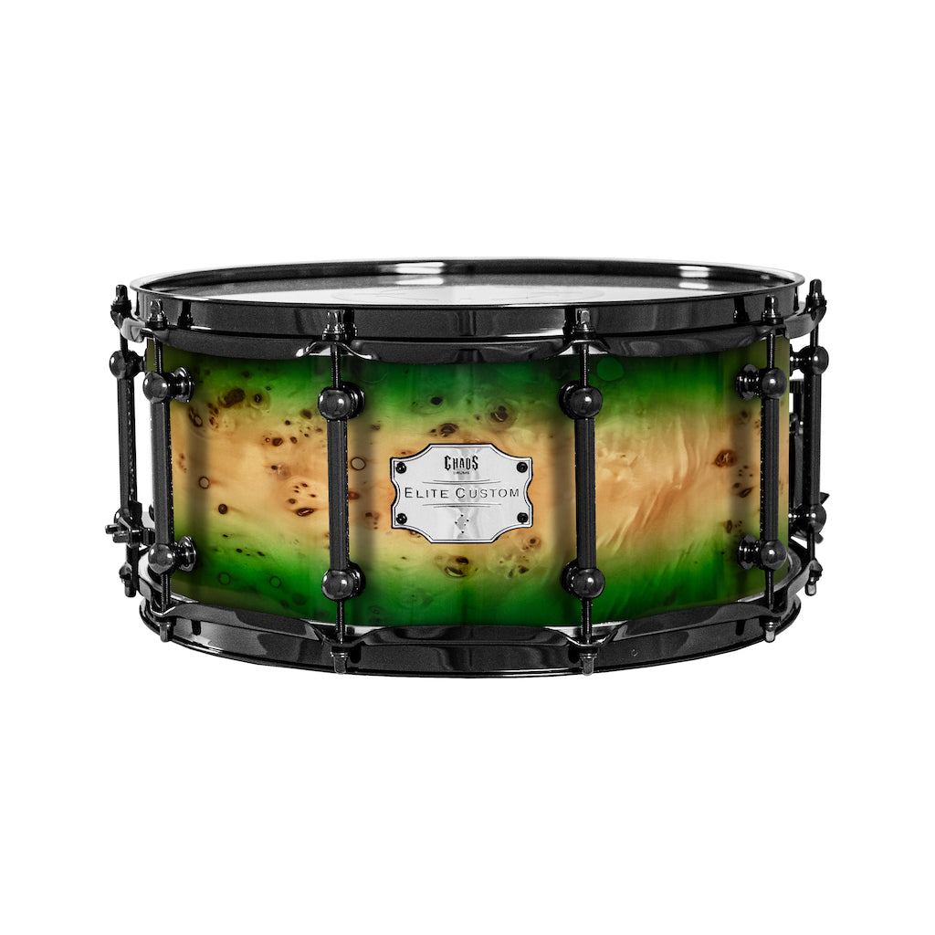 Chaos Elite Custom 14x6.5 Snare Drum American Maple Re-Ring & Mappa Burl - Green Natural Burst