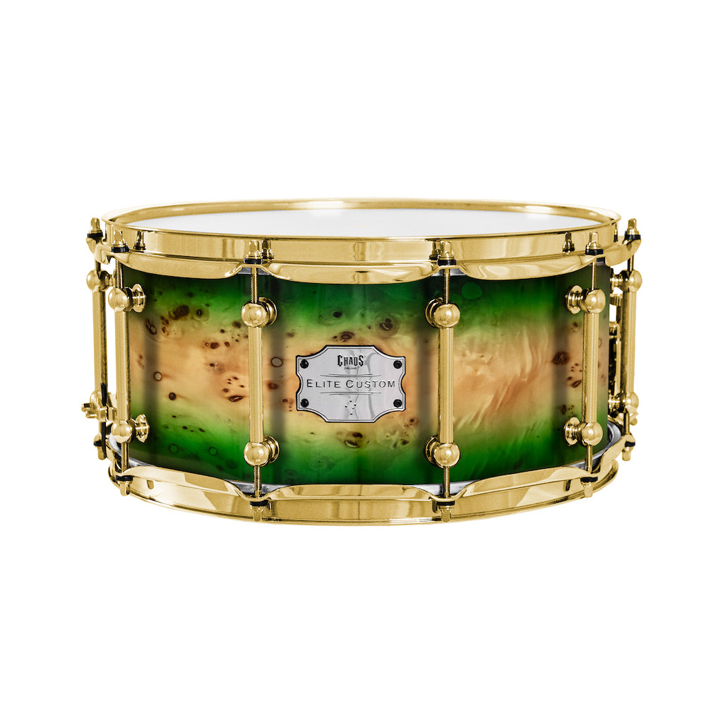 Chaos Elite Custom 14x6.5 Snare Drum American Maple Re-Ring & Mappa Burl - Green Natural Burst