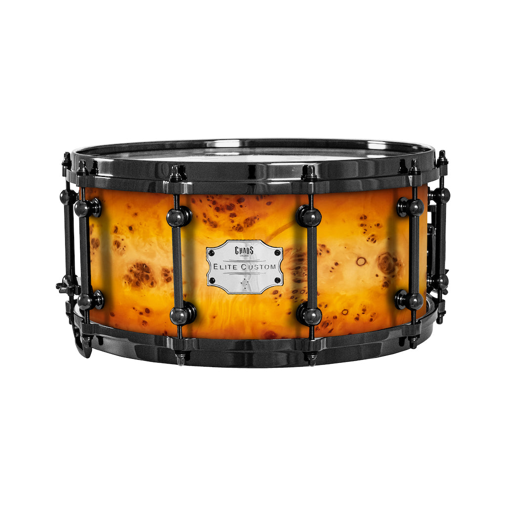 Chaos Elite Custom 13x6.5 Snare Drum American Maple Re-Ring & Mappa Burl - Orange Natural Burst