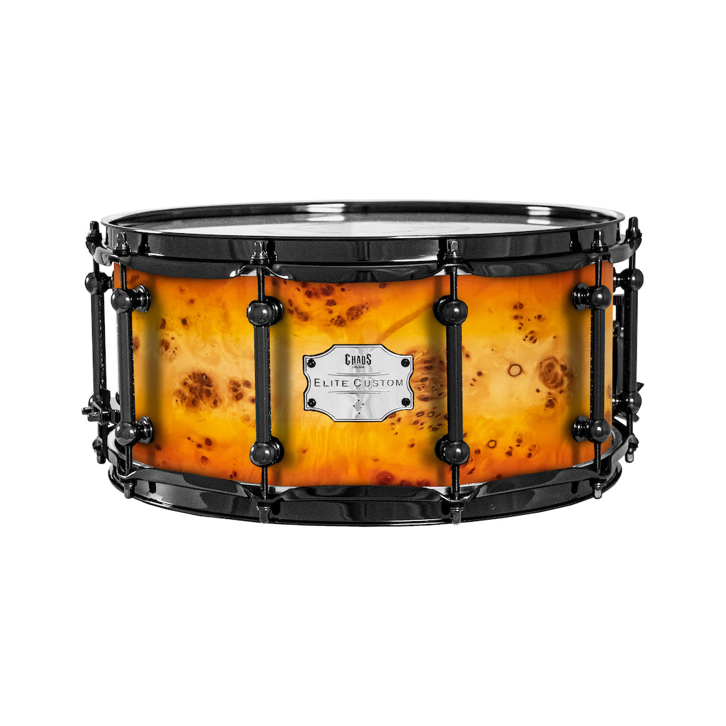 Chaos Elite Custom 13x6.5 Snare Drum American Maple Re-Ring & Mappa Burl - Orange Natural Burst